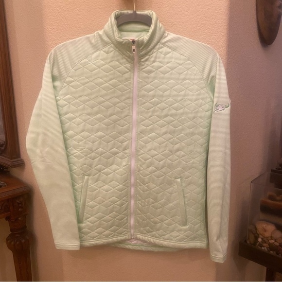 NWT~FOOTJOY Women’s Green Full Zip Quilted Brush Back Microstripe Golf Jacket-XS